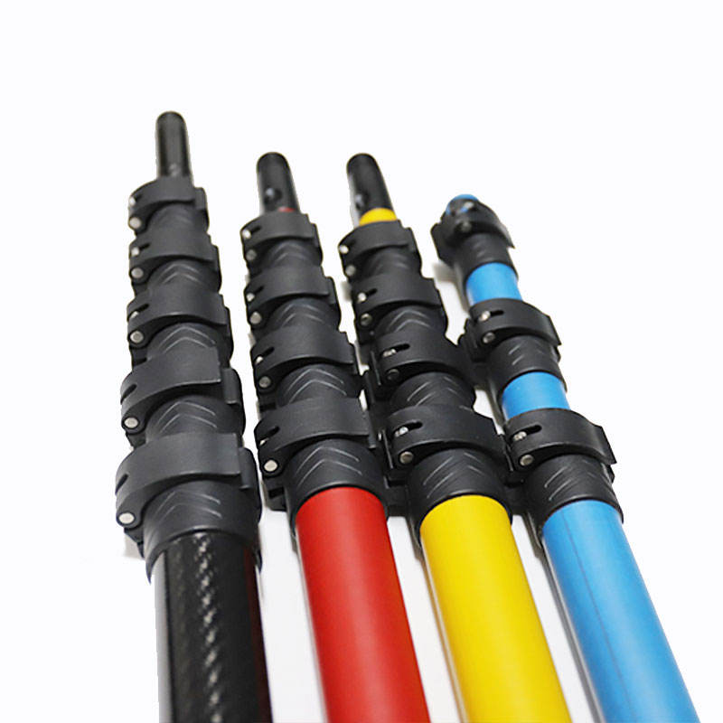 Multipurpose carbon fiber telescopic poles for window cleaning, fruit picking, windsock, and beach flag display, featured on the homepage for their adaptability and strength