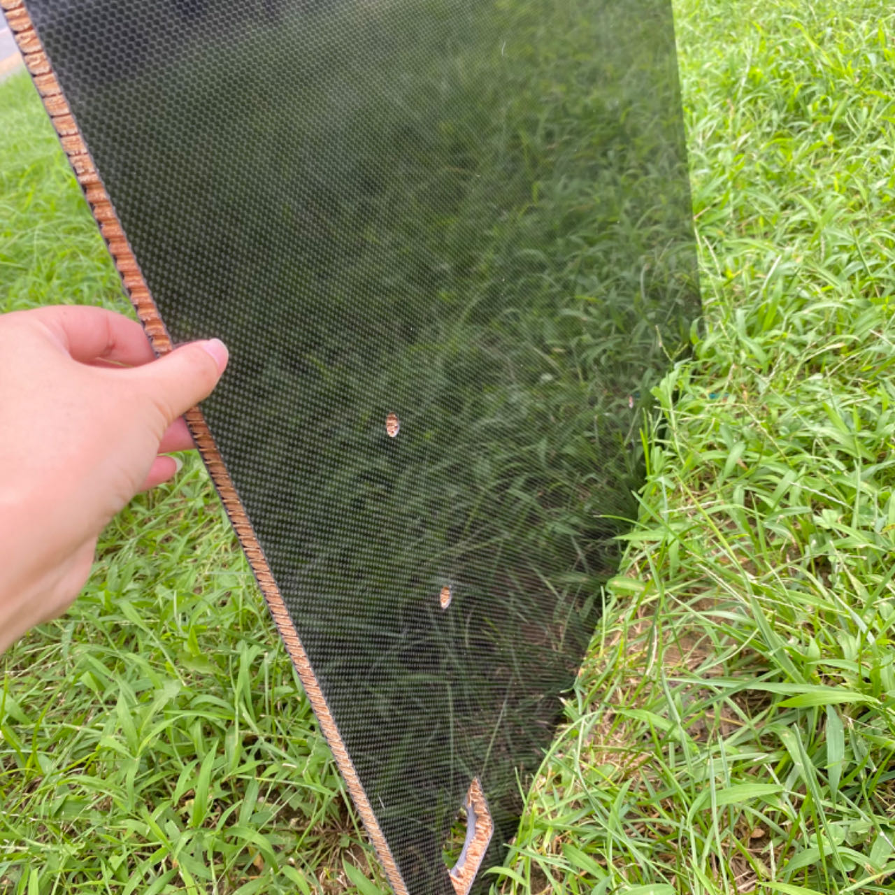 Cross-section of a carbon fiber sandwich panel showing its layers and honeycomb core